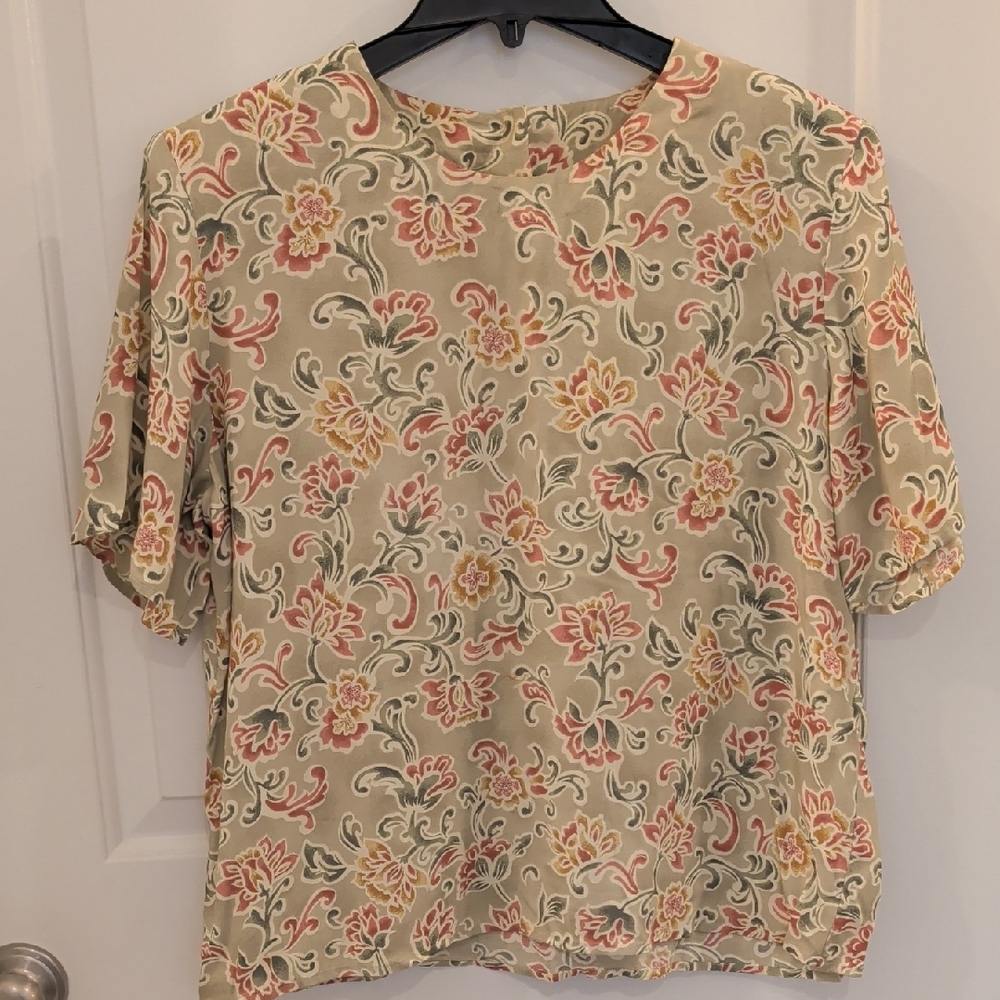 Lee David's Ltd Vintage Women's Floral Blouse in Beige, Green and Rose Pink